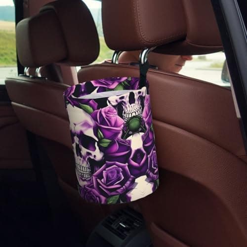 MDATT Many Purple Rose Skull Car Trash Can Leak-Proof Organizer For Long Road Trips And Family Vacations — view 5