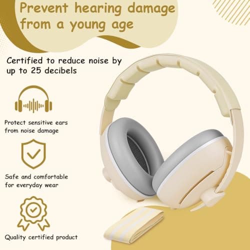 Adiwo 2-in-1 Baby Ear Defender, Non-Slip Baby Headphones, Noise Canceling Headphone & Headband for Babies, Ultra-Soft and Adjustable to 0-48 Months, Hearing Protection for Sleep Travel, Beige — view 3