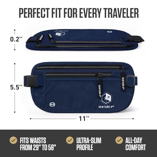 Venture 4TH Travel Money Belt - Slim Passport Holder RFID Blocking Travel Pouch to Protect Cash, Credit Cards and Travel Documents, Navy Blue, One Size, RFID Wallet — view 3