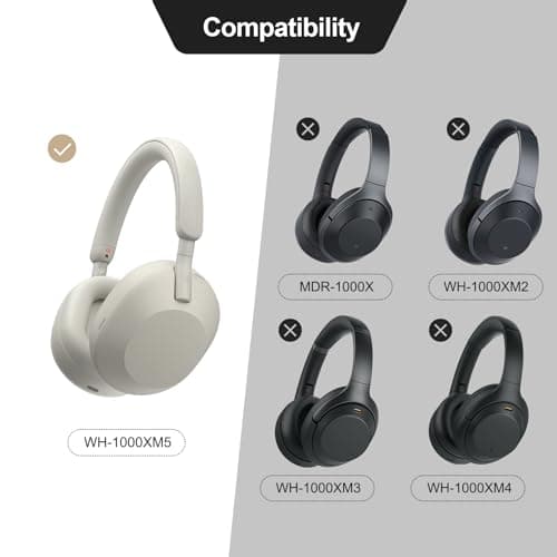 Aurivor Genuine Leather Ear Pads Cushions for Sony XM5 Noise Canceling Headphones, Premium WH-1000XM5 Replacement Earpads Covers with Soft Lambskin Leather, Optimized Memory Foam (Lambskin-Silver) — view 2