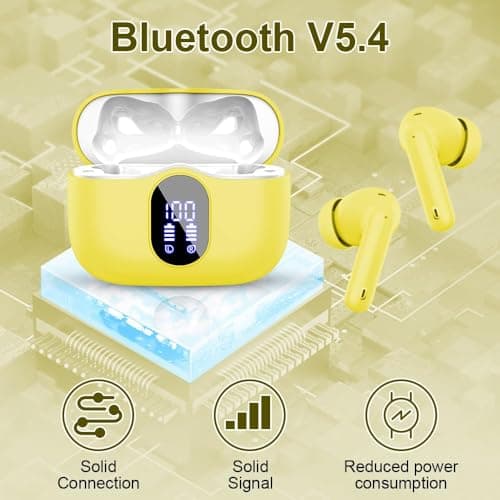 Btootos Wireless Earbuds, Bluetooth 5.4 Headphones In Ear with 4 ENC Noise Cancelling Mic, New Bluetooth Earbuds Mini Deep Bass Stereo Sound, 36H Playtime LED Display Wireless Earphones Yellow — view 3