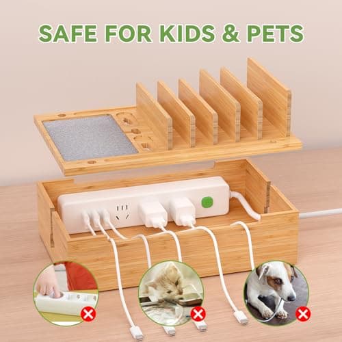 Pezin & Hulin Bamboo Charging Station for Multiple Devices, USB Charger Dock Organizer, with Power Supply (10 Ports HUB), 6 Cables, Cable Management Organizer for Cell Phones, Tablets -Natural Color — view 6