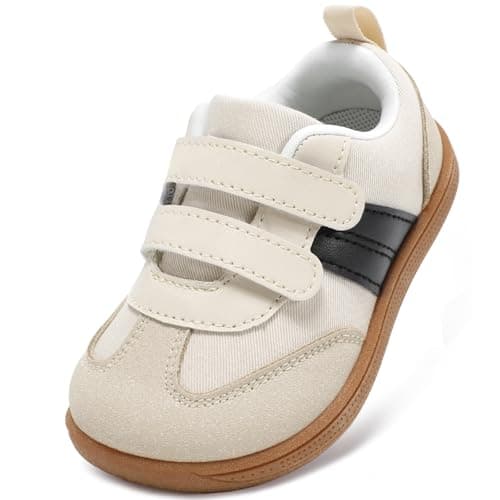 STQ KIDS Boys Girls Trainers Toddler Wide Toe Box School Shoes Zero Drop Barefoot First Walking Shoe Lightweight Non Slip Kid Running Tennis Sneaker Beige White 7 UK Toddler