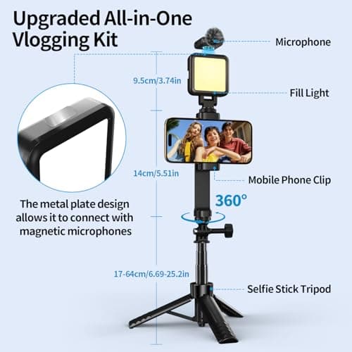 yAyusi Vlogging Kit for iPhone/Android, 30.71" Selfie Stick Tripod with Light, Microphone ＆ Storage Boxes, Studio Creator Video Maker Kit for Interviews, Vlogs, TikTok,YouTube Video Recording — view 3
