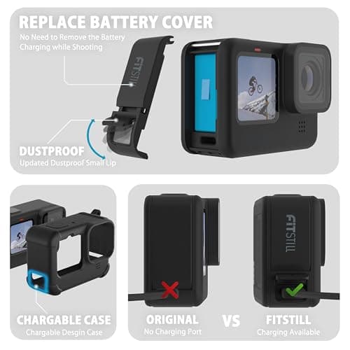 FitStill Silicone Protective Case Set for Go Pro Hero12 /Hero11 /Hero 10 /Hero 9 Black, Battery Side Cover + Lens Cover + Screen Protector + Lanyard (For Go Pro Hero 12/11 /10/9 Black) Accessory Kit — view 3