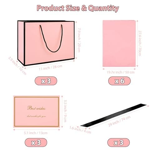 Vivantia Medium Gift Bags Set 3 Pack Pink Paper Gift Bag with Black Edge Greeting Cards Ribbons Tissue Papers Present Bags with Handles for Gift Wrapping Birthday Wedding Baby Shower — view 2