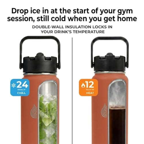 Insulated Metal Water Bottle with Straw 750ml- Stainless Steel Water Bottle, BPA Free, Dual Lid Straw & Spout, Leakproof, 24 Hours Cold & Hot, Work, Travel, Gym Bottle for Men & Women-Orange- Daydrate — view 2