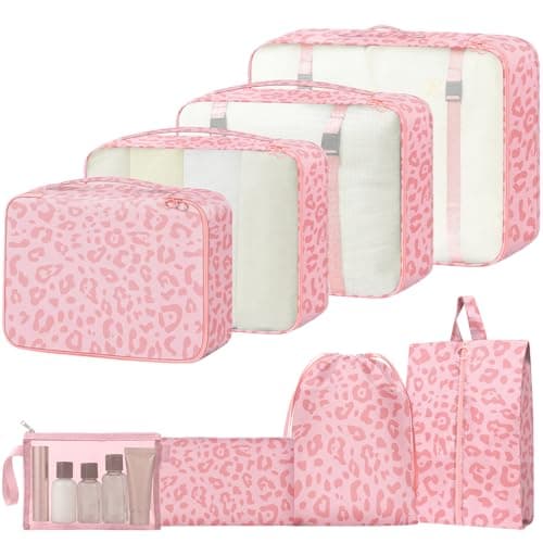 MOFELON 8PCS Packing Cubes for Suitcase, Travel Luggage Organisers for Backpack, Waterproof Suitcase Organiser Bags, Travel Essentials Accessories - Pink leopard print