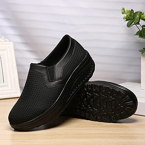 Women Slip on Walking Work Shoes Wedge Platform Trainers Mesh Upper Tennis Shoes Ladies Athletic Running Shoes Breathable Sneakers Air Cushion Slip-On Walking Shoes UK Size Orthopedic Shoes Black — view 2