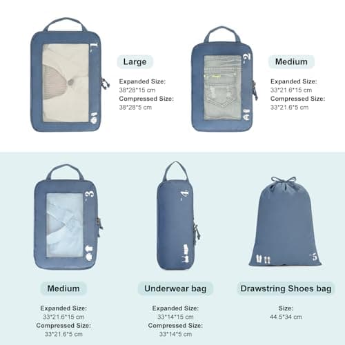 ECOHUB 5 Set Compression Packing Cubes for Suitcases Organiser Bags Travel Accessories with Shoes Bag Tear-resistant Travel Cubes with ID Tag Expandable Packing Bags(Pure Blue) — view 2