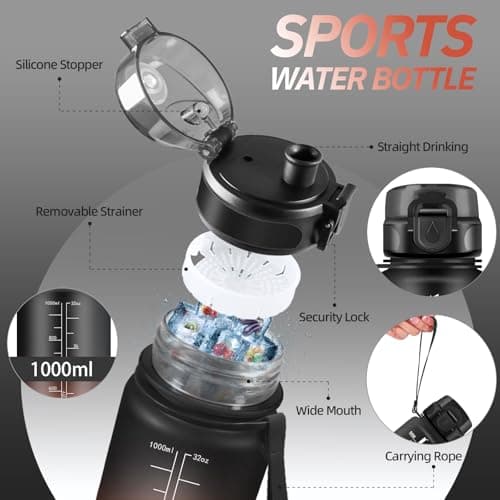 Grsta 1 Litre Sports Water Bottle with Filter, Leak-Proof, Motivational, Black-Red — view 3