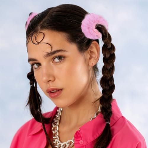 PEOVLVN 2 Pcs Pink Scrunchies, Pom Pom Hair Ties Fuzzy Scrunchies — view 4