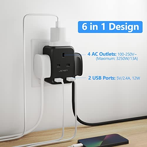 JSVER Plug Adapter USB with 4 Way Sockets 13A Cube Extension Plug Plug Extension Wall Socket Wall Plug Extender for Home, Office Black — view 3