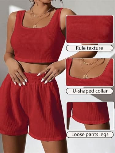 Rayson Women's 2 Pieces Outfit Summer Sleeveless Cropped Top and High-waisted Shorts with Pockets Tracksuit Sets Causal Solid Colour Ribbed(Red,S — view 5