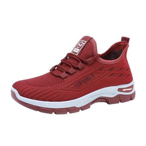 Unisex Walking Trainers Lace Up Knit Flat Soft Sole Breathable Sneakers Red