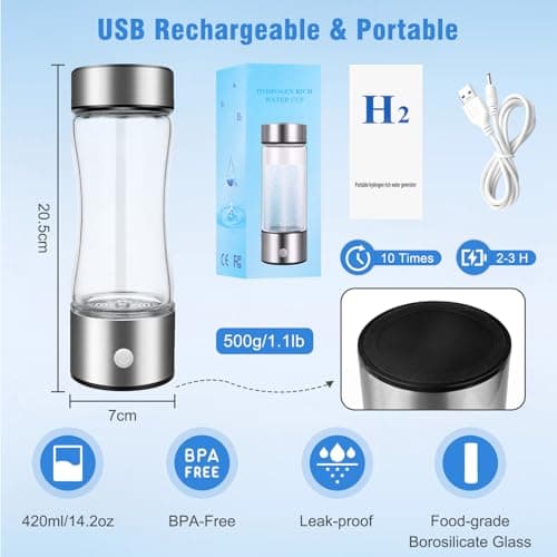 Hydrogen Water Bottle 420ML, 3-Min Hydrogen Water Generator with USB Rechargeable Battery, SPE Tech Electrolysis, Portable Hydro Bottle for Home Office Gym Travel — view 5