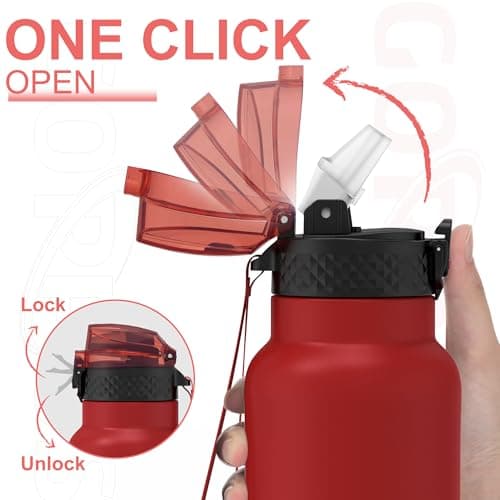GOPPUS 750ml/26oz Stainless Water Bottle with Straw Double Wall Insulated Bottles with Strap Reusable Vacuum Thermal Flask Leakproof Keep Cold Drinks Bottles with Flip Top Lid BPA Free (Red) — view 3