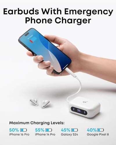 soundcore P41i by Anker Adaptive Noise Cancelling Earbuds with Portable Phone Charger (Built-in USB-C Cable), 192 h Playtime, Immersive Sound,6-Mic AI Calls IPX5 (White with Lightning Adapter) — view 2