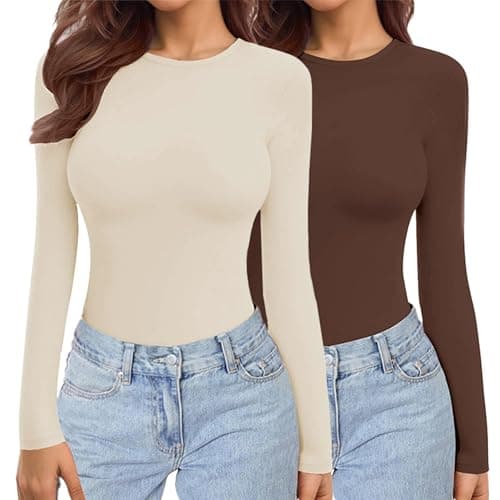 Ekouaer Womens 2 Pack Long Sleeve Tops Thermal Shirts Brown+Beige M