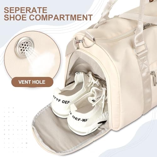 FIORETTO Womens Gym Sports Bag Travel Bag with Shoes Compartment & Wet Pocket, Weekend Overnight Duffle Hospital Bag Carry On Bag Holdall for Travel Swimming Beige — view 5