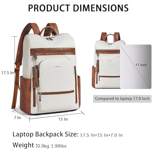 Shrrie Upgraded Large Travel Laptop Backpack Fits 17 inch Laptop,Vegan Leather Computer Backpack for Women and Men Business,Beige with Brown — view 3