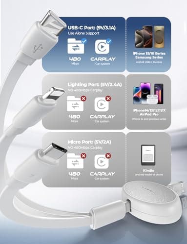 LISEN Multi Charger Cable, Retractable USB C to USB Charging Cable 3 in 1 Charger Lighting/Micro USB Cable, Travel Chargers for Multiple Devices for iPhone 17 16 15 14 Pro/Galaxy S25/Switch2, Snowy — view 3
