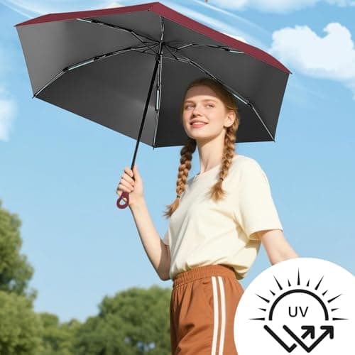 Detontek 6 Ribs Mini Travel Umbrella, Mini Folding Umbrella, Small Umbrella, Pocket Umbrella, Umbrella With Buckle Handle, Dual Purpose, With Storage Box (Burgundy) — view 3