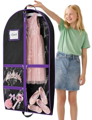 Costume Garment Bags for Dancers, Garment Bags with 3 Clear Zipper Pockets, Clothes Covers Protector Bags for Suits, Travel & Sports Jersey, Cheer Uniform, Cosplay (Purple, 1 Pack (40inches))