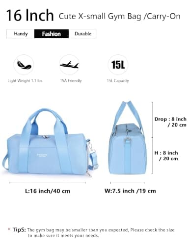 Small Gym Bag for Girls Kids,Sport Duffle Bag for Women Fitness Workout, Travel, Dance, Ballet, Swim with Shoes Compartment & Waterproof Pocket,Easy Carrying Pu Leather Handle (Sky Blue,16"-Small) — view 2