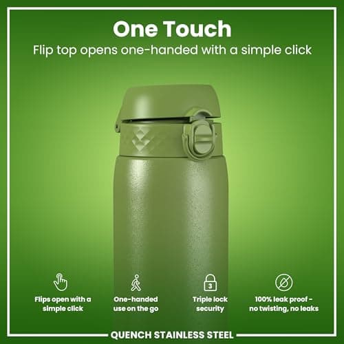 Ion8 Lightweight 1 Litre Steel Water Bottle, Non-Insulated, Leak Proof, Easy to Open, Secure Lock, Dishwasher Safe, Flip Cover, Carry Handle, Ideal for Travel & Active Lifestyles, Khaki Green — view 3