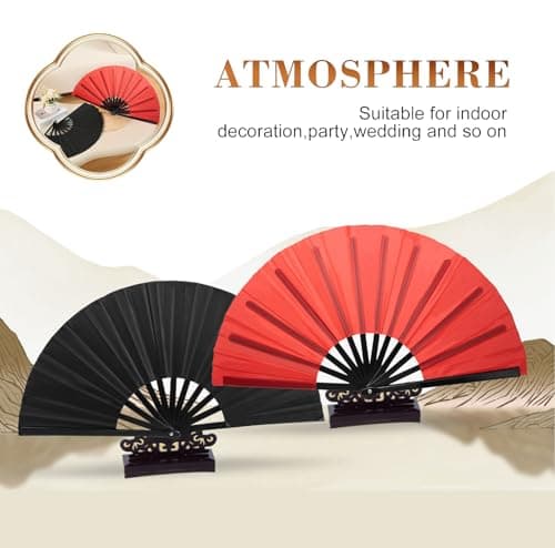 HeHeGe Large Folding Hand Fan Hand Folding Fans Chinese Tai Chi Folding Fan for Men and Women Performance, Dance, Line Dancing，Decorations, Festival, Gift (Red) — view 4