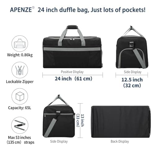 Apenze 65L Mens Gym Bag Sport Holdall with Wet/Shoe Compartment - 24 inch Multi-Pockets Duffel Bag for Travel/Gym/Sports - Black — view 3