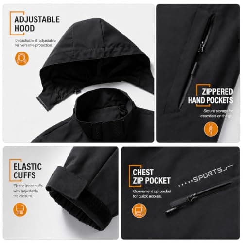NWDEY Mens Waterproof Jacket with Hood, Lightweight Packaway Rain Coat Breathable Windbreaker, Waterproof Raincoat for Outdoor Hiking Cycling Golf Travel (UK, Alpha, L, Regular, Regular, Black) — view 5