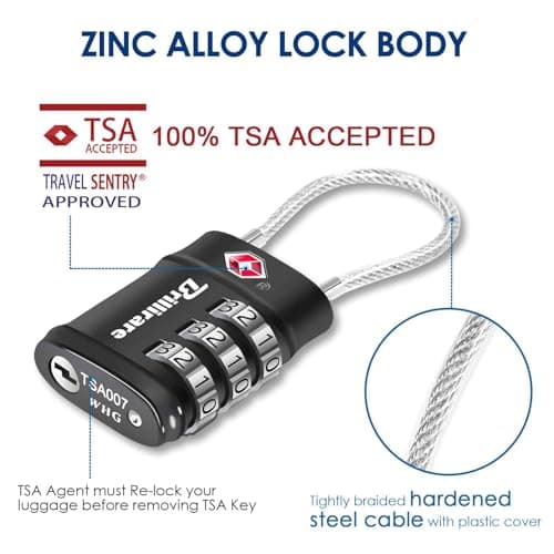 2 Pack TSA Approved Luggage Locks, Combination Travel Cable Lock, 3-Digit Waterproof Padlock, Zinc Alloy Outdoor Keyless Resettable Lock for Travel, Lockers, Bags, Backpack, Gym, Gate-by Brillirare — view 3