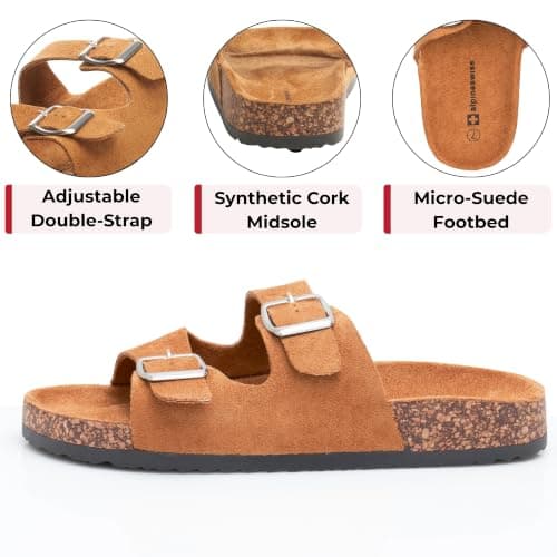 alpine swiss Womens Double Strap Contour Sandals | Adjustable Buckle Slides | Vegan Leather Footbed Sandals | Ergonomic Cork-Inspired Sole | Casual Summer Footwear Slip On Slides with Buckles Tan 5 — view 3