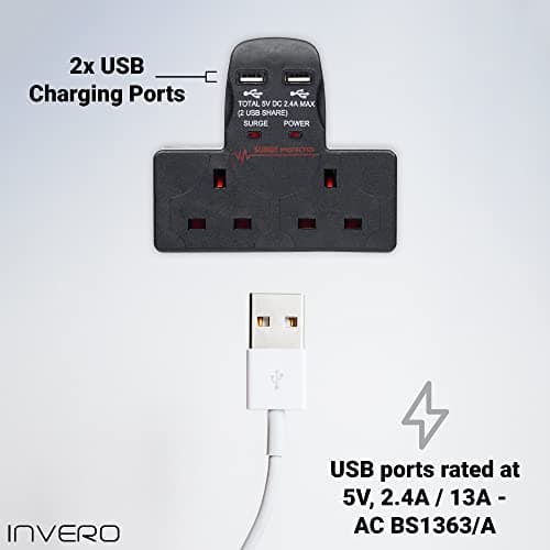Invero 2 Way Gang Cable-Free Multi-Plug 13A Wall Socket Adaptor with 2x USB Charging Ports 2.4A - Surge Protected - Neon Indicator - Black — view 3