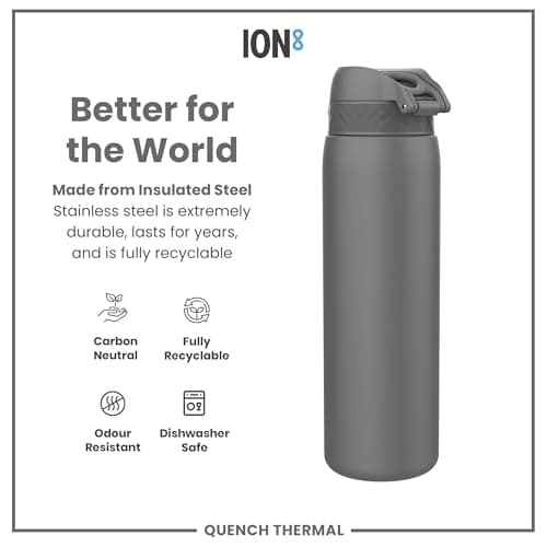 Ion8 Vacuum Insulated Stainless Steel 1 Litre Water Bottle, 920ml, Leak Proof, One-Finger Open, Secure Lock, Carry Handle, Dishwasher Safe, Scratch Resistant, Ideal for Sports and Yoga, Grey — view 5