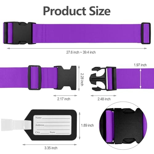Aulese 2 Pack Luggage Straps, Adjustable Suitcase Straps with Luggage Tags, High-Visibility Luggage Straps for Suitcases, Travel Accessories Luggage Belt for Baggage (Purple) — view 3
