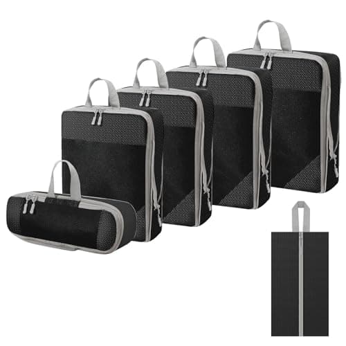 WOOMADA Compression Packing Cubes for Suitcases Travel Essentials 6 Set Rectangle Mesh Expandable Travel Bags Organizer for Luggage(Charcoal)