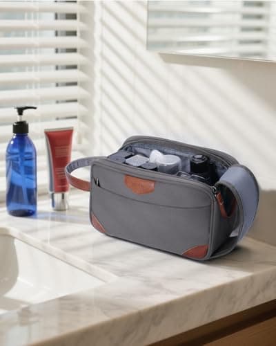 ECOHUB Wash Bag for Men, Water-Resistant Travel Toiletry Bag with Wet Pocket, Recycled Dopp Kit Shaving Bag Fit Full Size Toiletries, Wide-Open Dual Zipper Cosmetic Makeup Organizer Bag, Grey — view 2
