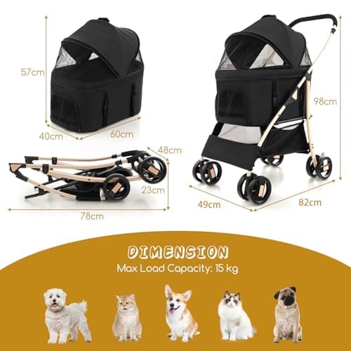 Maxmass Pet Stroller, Folding Dogs Travel Carrier with Wheels, Brake, 4-Level Adjustable Canopy & Storage Basket, Pet Travel Carriage for Small & Medium Sized Dogs Cats (Black+Gold) — view 6