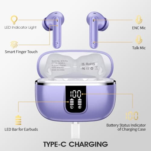 Wireless Earbuds, Bluetooth 5.4 Headphones with 4 Noise Cancelling Mic, 46H In-Ear Buds with 3D Bass Stereo Sound, Small Ears, LED Display, Calls Sports Workout, IPX7 Earphones for Android iOS. Purple — view 5