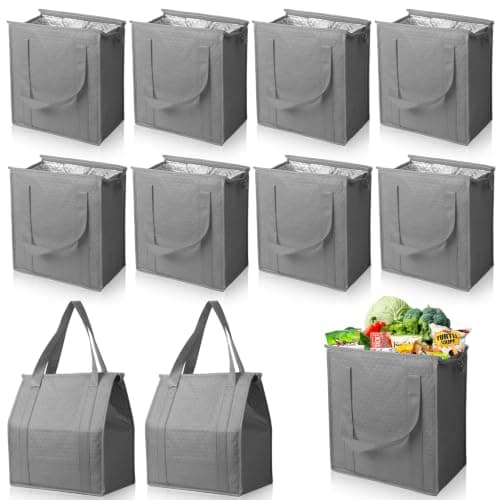 VZZNN 10 Pack Insulated Grocery Bags Bulk, Reusable Shopping Bags with Sturdy Zipper & Handles, Large Foldable Washable Thermal Cooler Totes for Hot Cold Food Transport, Travel & Lunch(Grey)