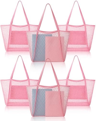 Cunno 6 Pieces Mesh Beach Tote Bag for Women Summer Waterproof Sandproof Shoulder Bag for Travel Vacation Shopping Picnic, Pink, 19.7" x 13" x 6.3", Casual
