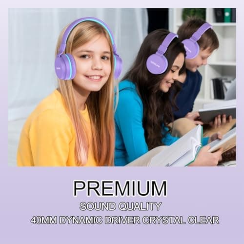 Kids Bluetooth Headphones,Lightweight Kids Headphones Wireless,85/94dB Safe Volume,40H Playtime,Fast Charging,Bluetooth 5.3,Over Ear,Toddler Headphone Built-in Mic for School/Tablet/Travel (Purple) — view 6
