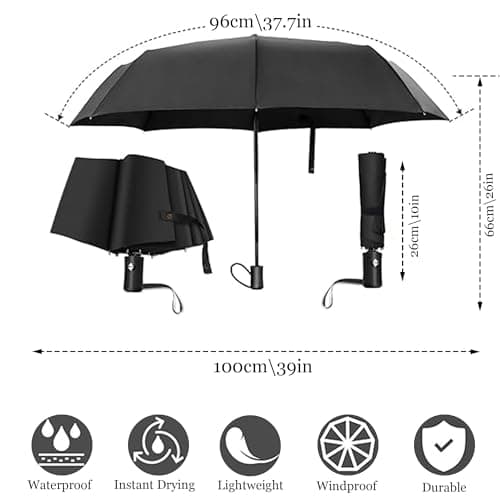 DDUP Travel Windproof Umbrella, Wind Resistant Compact Travel Folding Umbrellas, Auto Open Close Strong Wind Proof Rain Proof with 8 Strong Ribs golf umbrella for Men & Women (Black) — view 2