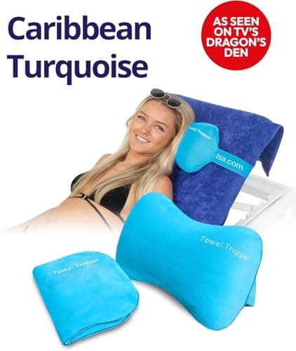 ITSA Beach Comfort Bundle – Terry Towelling Lightweight Beach Towel with Pockets & Handles | 100% Cotton (Light Blue) + Towel Trapper Inflatable Beach & Travel Pillow(Caribbean Turquoise) — view 4