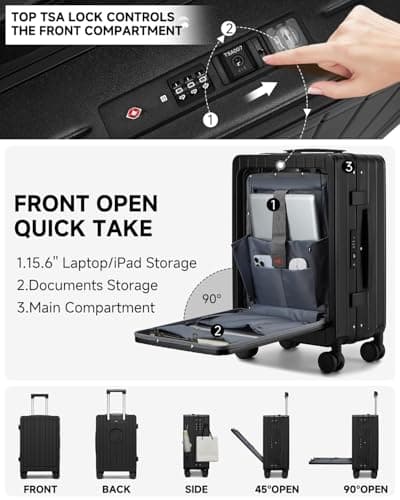 Sea choice Front Opening Luggage with Laptop Compartment Top Open Suitcase PC Hard Shell Suitcase with Cupholder USB Port Spinner Wheels — view 3