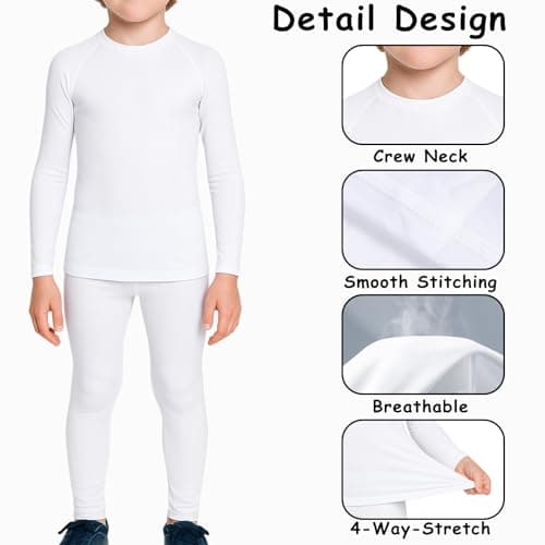HYCOPROT Youth Boys Thermal Underwear Set Kids Long Johns Base Layer Fleece Lined Compression Shirt Leggings Pants Girls Thermals Winter Top and Bottom Sets Children's Warm Cold Weather Gear White — view 4