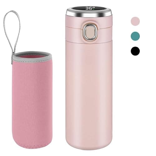 Flintronic 450ML Travel Mug Reusable Coffee Cup with Leakproof Lid Insulated Coffee Mug for Hot & Cold Drinks, BPA-Free LED Temperature Display Vacuum Stainless Steel Travel Mug (Pink)